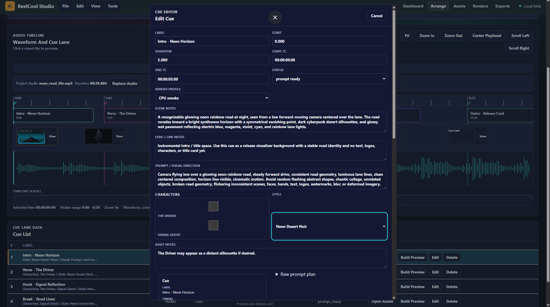 ReelCool Studio Arrange page with cue details pane open