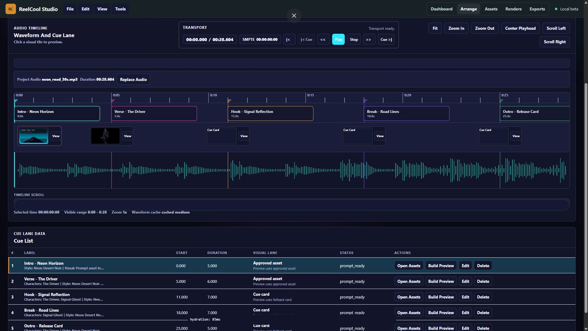 ReelCool Studio Arrange page showing a visual project timeline and control surface